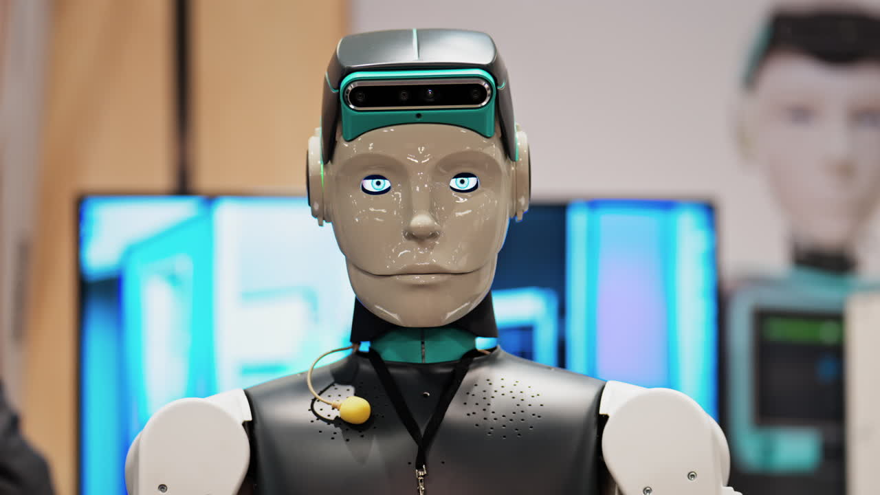 Cannes, France - February 15, 2025: Humanoid robot with a sleek black and white body, and glowing blue eyes, standing at conference