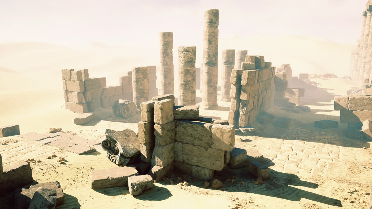Ancient ruins of a forgotten civilization in a sunlit desert landscape