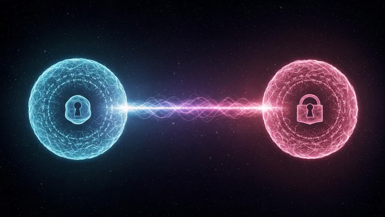 Exploring Quantum Entanglement: Visualization of Two Interconnected Particles with Lock Symbols Representing Secure Information Transfer in a Digital Space