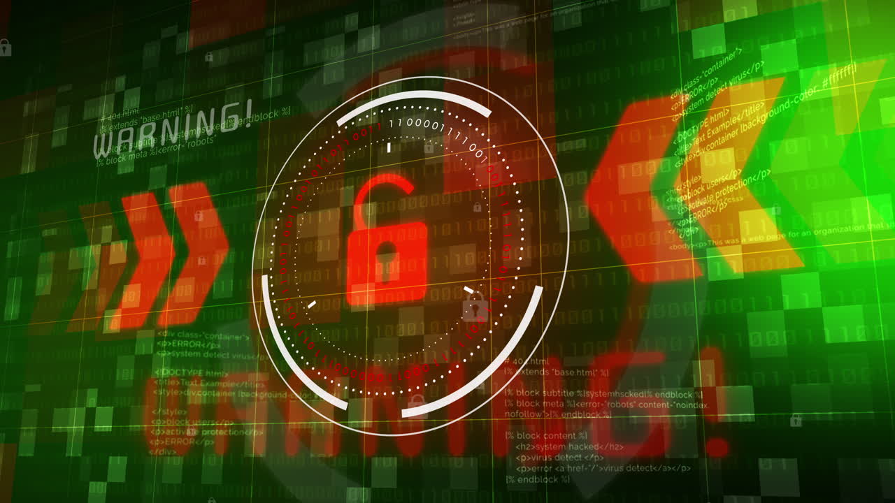 Red open padlock icon. Flashing warning message on green background with binary code and text. Digital data cyber security looped animation.