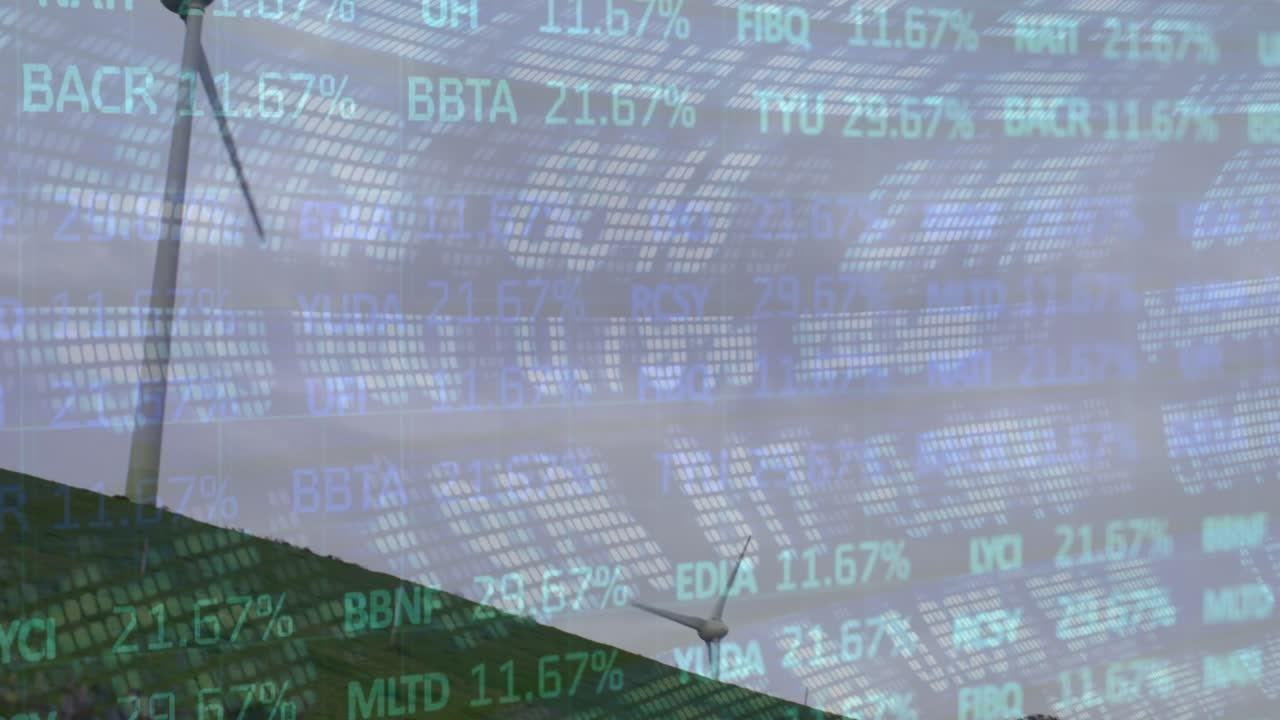 Animation of financial data processing over wind turbine in countryside