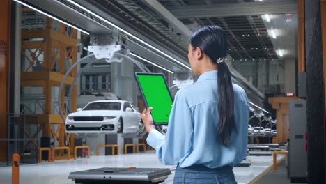 vista trasera de una trabajadora profesional asiática de pie en una fábrica de automóviles ev, instalación industrial de alta tecnología, comprobando en la tableta con pantalla verde y mirando la fábrica una vez