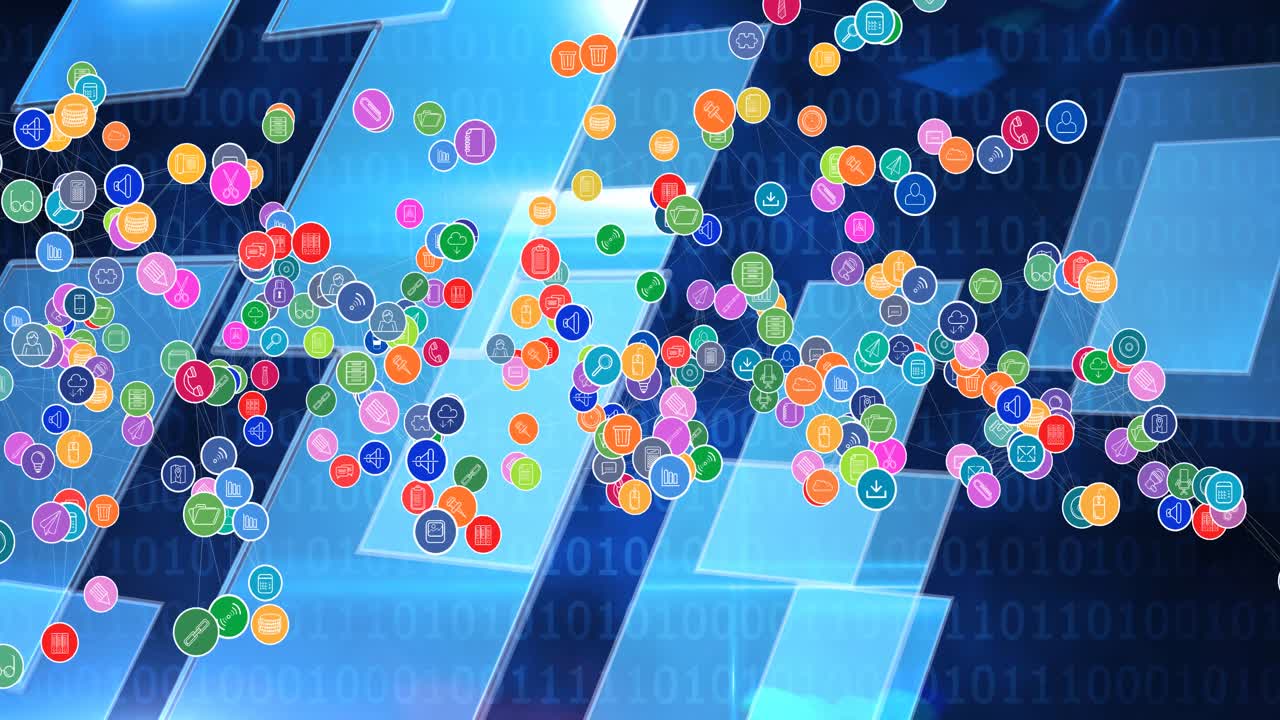 백그라운드에서 바이너리 코딩을 통해 디지털 아이콘으로 연결 네트워크의 애니메이션