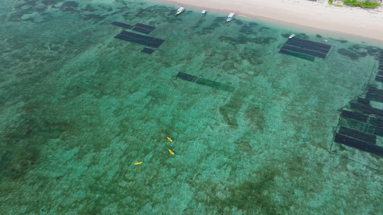 tres kayakistas en aguas turquesas poco profundas cerca de la costa tropical de nusa lembongan