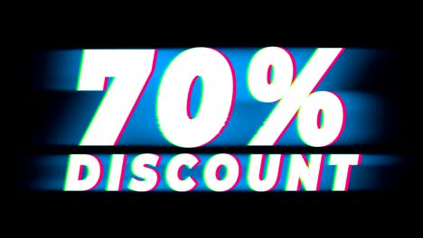 70% percent discount text vintage glitch effect promotion.