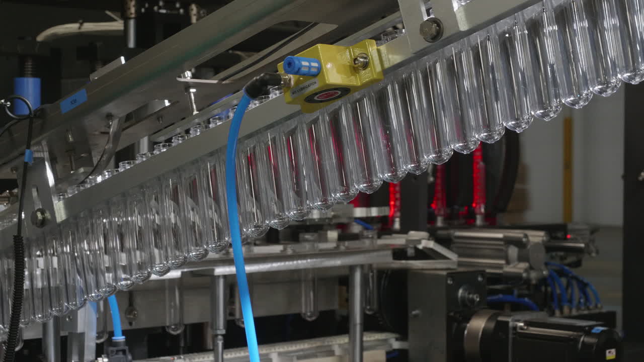 플라스틱 애완동물 프리폼이 공장의 생산 단계를 따라 움직이고 있습니다.