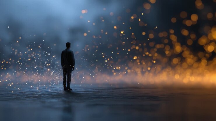 A solitary figure stands amidst a mesmerizing backdrop of swirling colors and glimmering lights, creating an atmosphere of mystery and wonder