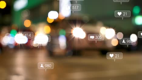 Animation-of-social-media-icons-and-numbers-over-out-of-focus-traffic-lights