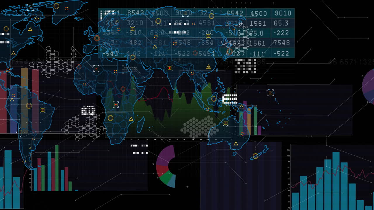 Analytics dashboard visualizing live data in dark flat design, with world map, charts and markers