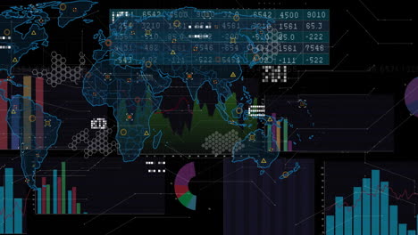 analytics dashboard visualizing live data in dark flat design, with world map, charts and markers
