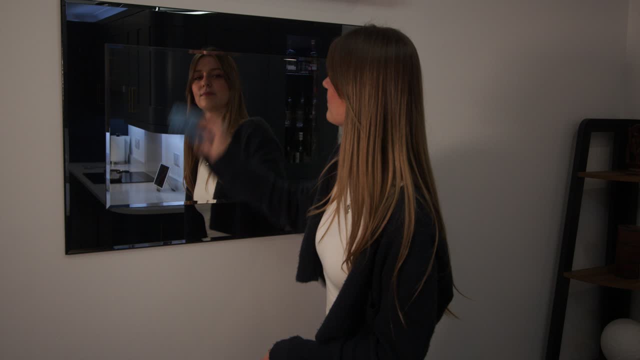 female model cleaning a mirror with a kitchen in the reflection