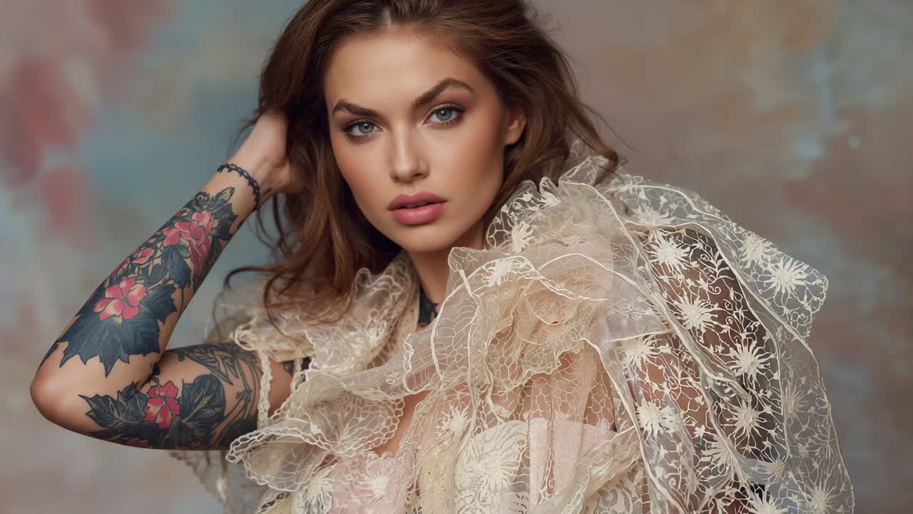Flipping model pulling hair across chest on camera cue in studio showing lace gown necklace tattoo