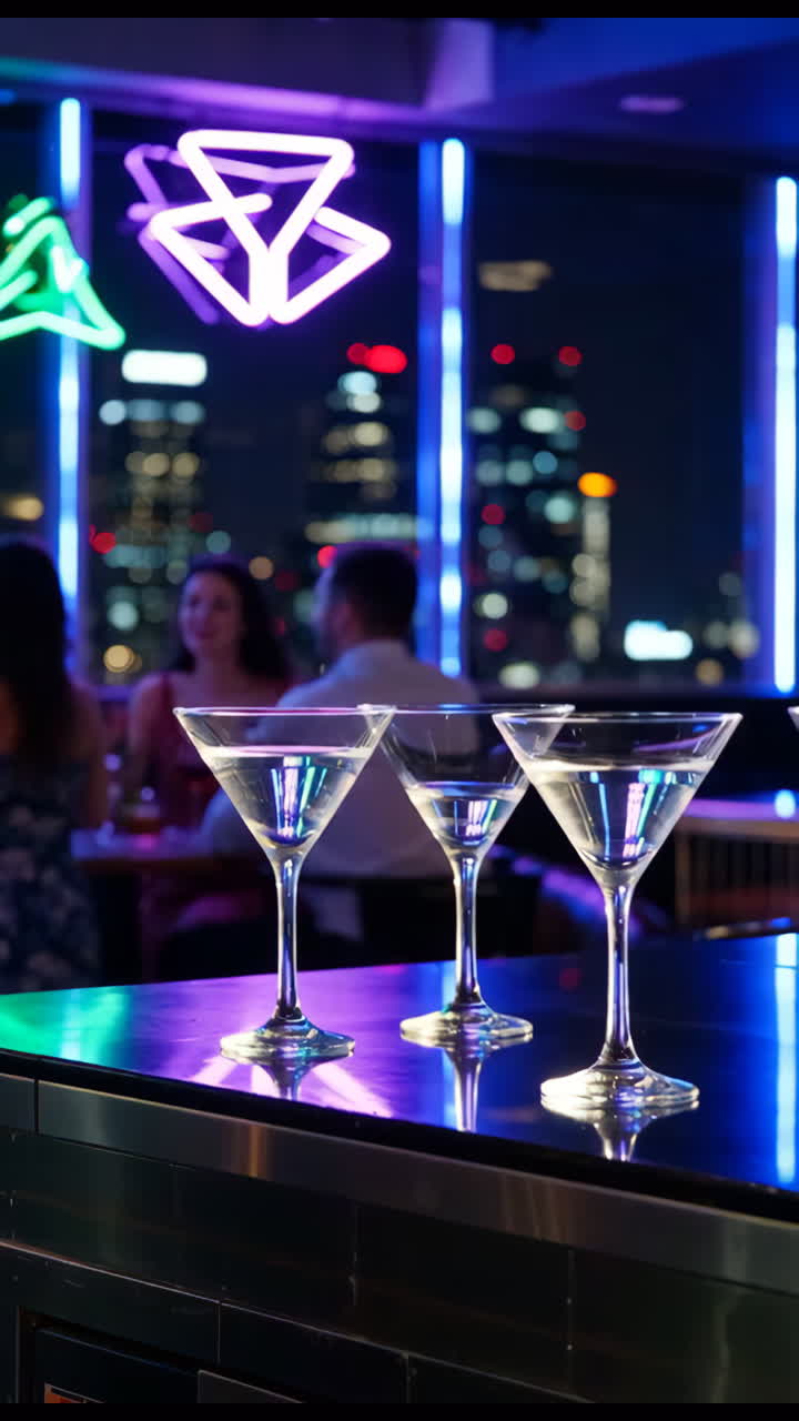 Bicchieri da Martini sul bancone di un bar con luci al neon di una città di notte