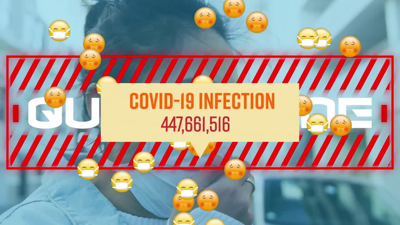 animación del procesamiento de datos de covid 19 sobre una mujer y múltiples emojis enfermos con máscaras faciales