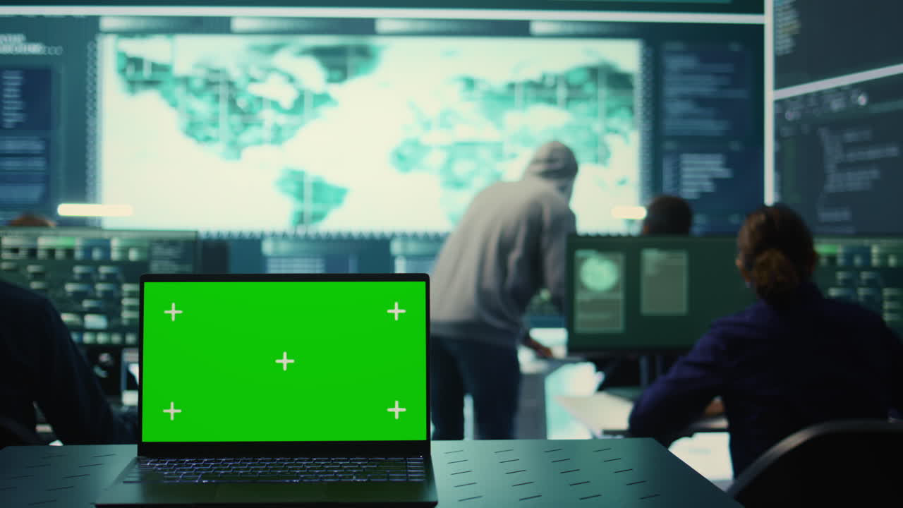 정부 하이테크 사무실에서 녹색 화면을 보여주는 노트북