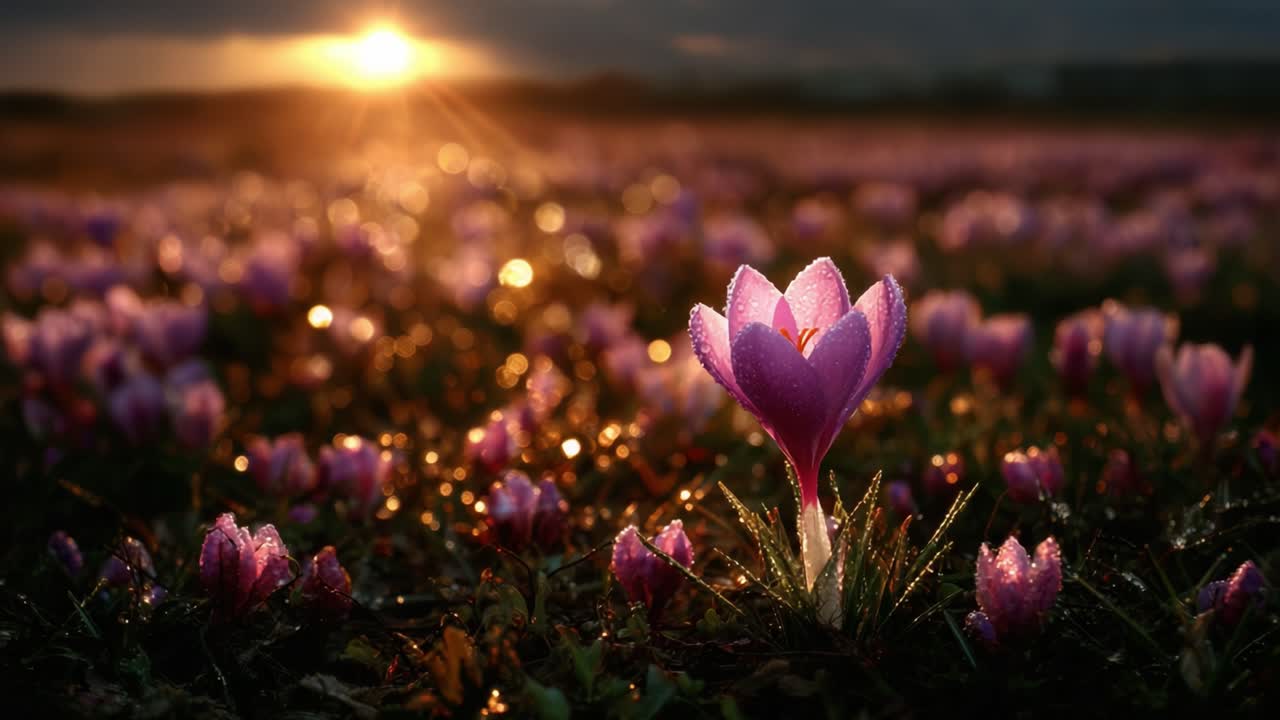 A Stunning Sunset Over a Field of Blooming Crocus Flowers, Capturing the Beauty of Nature with Dewdrops Glimmering in the Golden Light