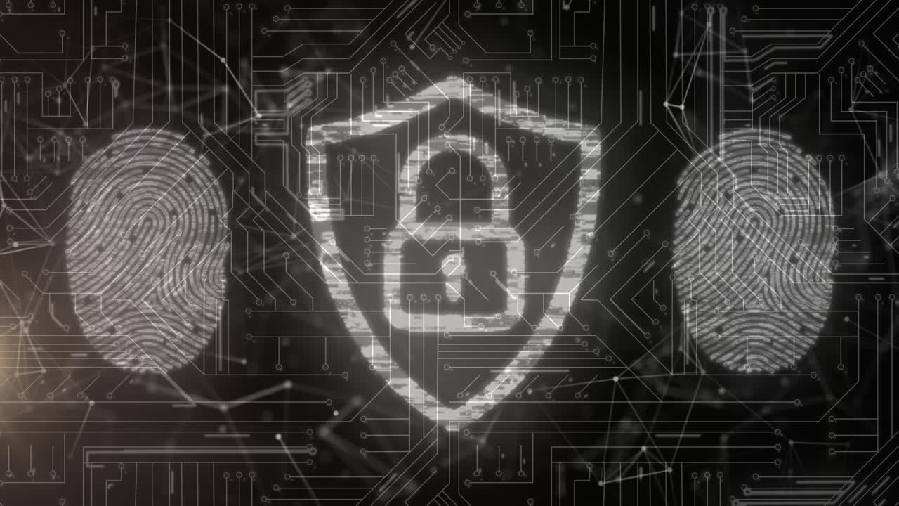 animación del candado de seguridad en línea con huellas dactilares biométricas en el fondo de la placa de circuitos