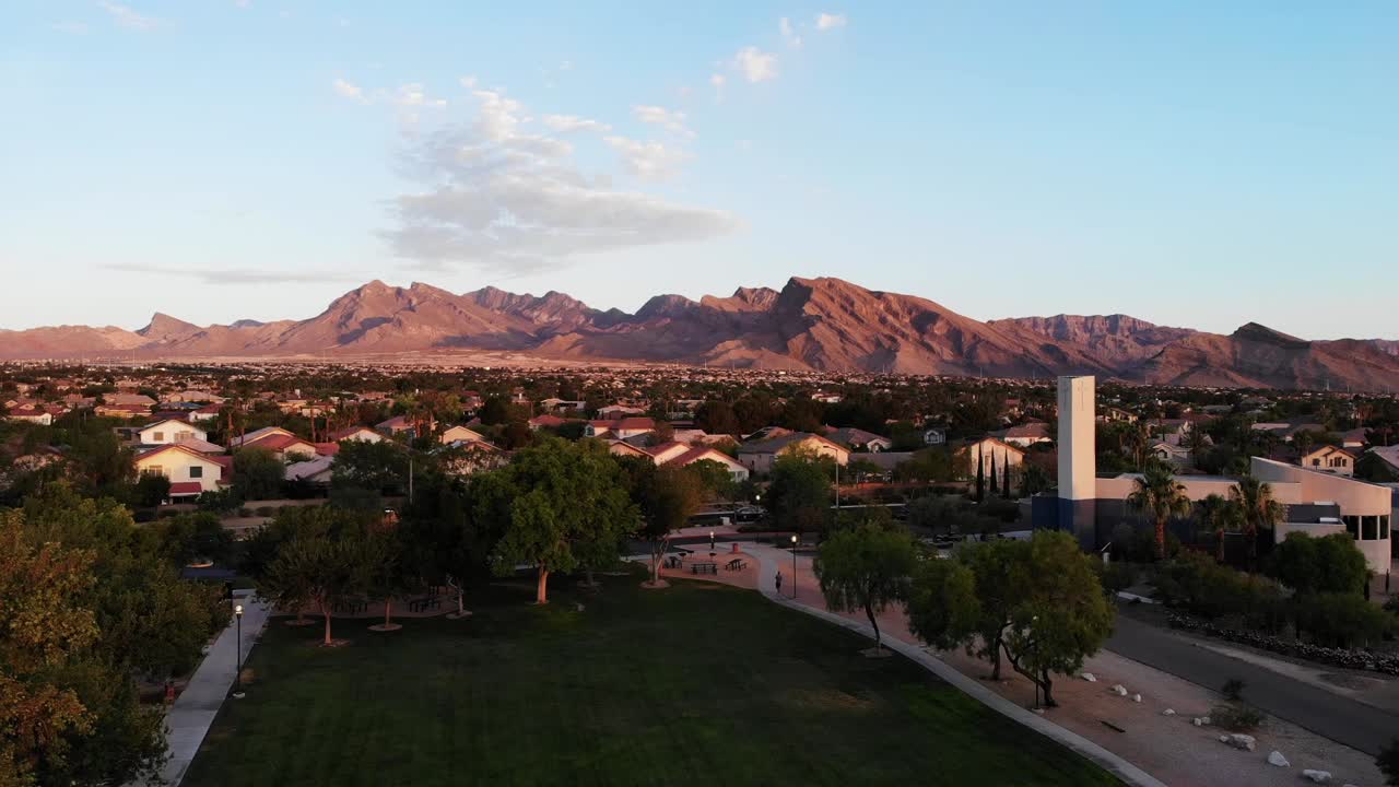 The vertical reveal of morning activity in the Las Vegas Mountain suburbs of Summerlin