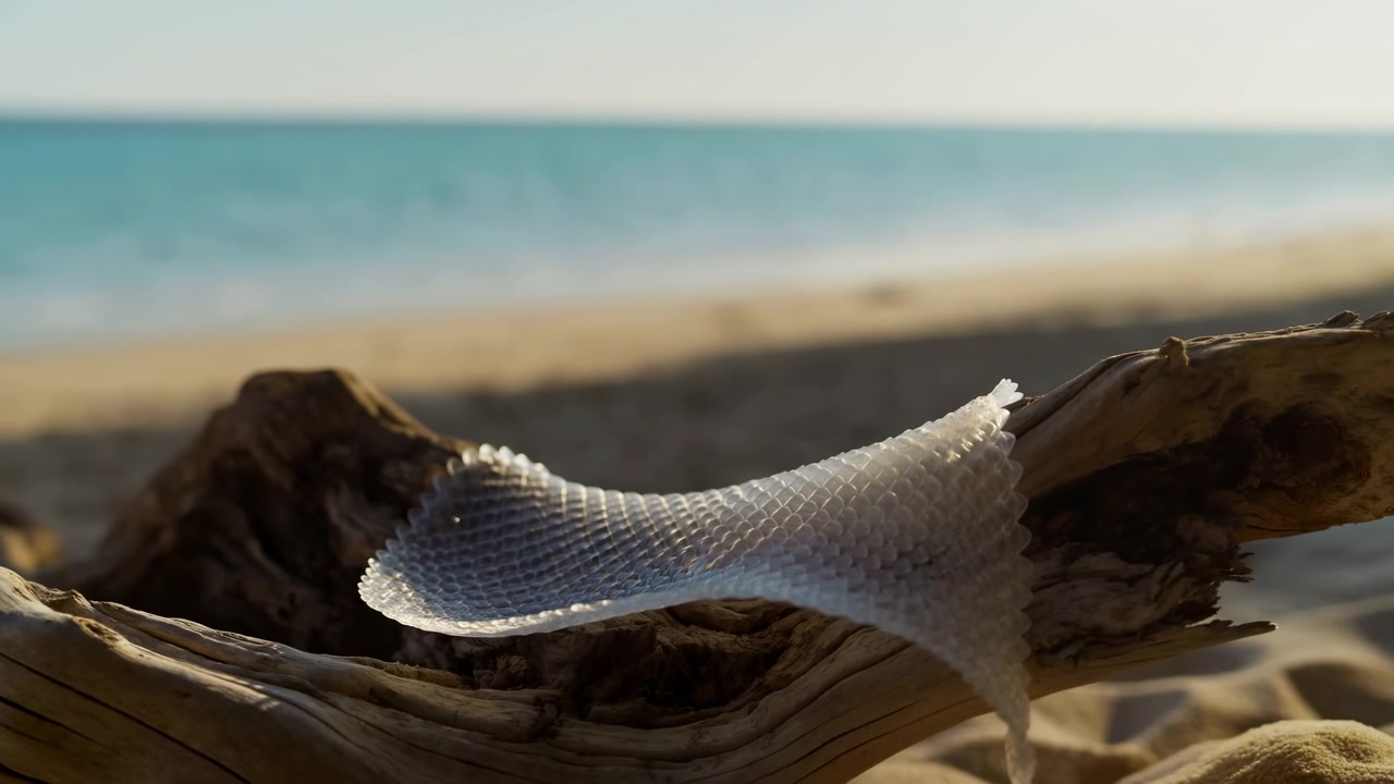 Plastica traslucida e testurizzata giace su legno di mare stagionato in primo piano su una spiaggia sabbiosa, con il mare e l'orizzonte leggermente sfocati sullo sfondo sotto