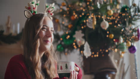 mujer alegre oliendo café fresco durante la navidad en casa