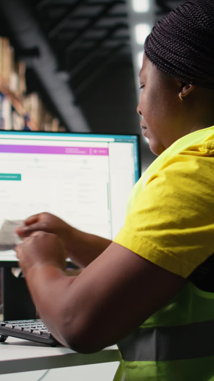 Vertical Video Black woman placing adhesive shipment tags on cardboard boxes