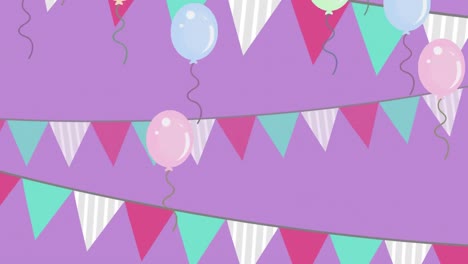 Animation-of-white-pink-and-green-bunting-with-multiple-balloons-floating-on-purple-background