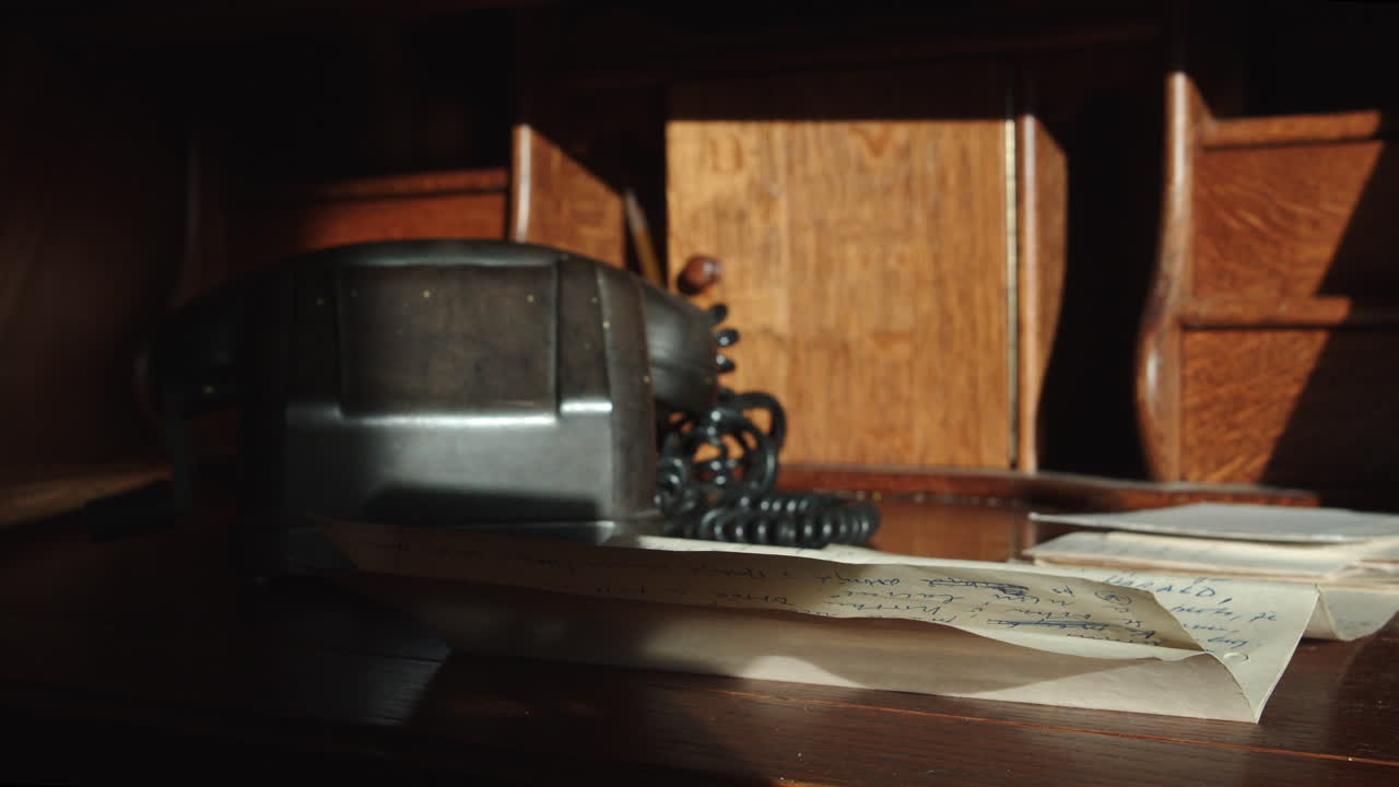 탁자 위의 낡은 크랭크 전화기와 바람에 펄럭이는 글자