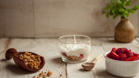 Yogurt-time-lapse-of-strawberry-parfait-being-made-and-eaten