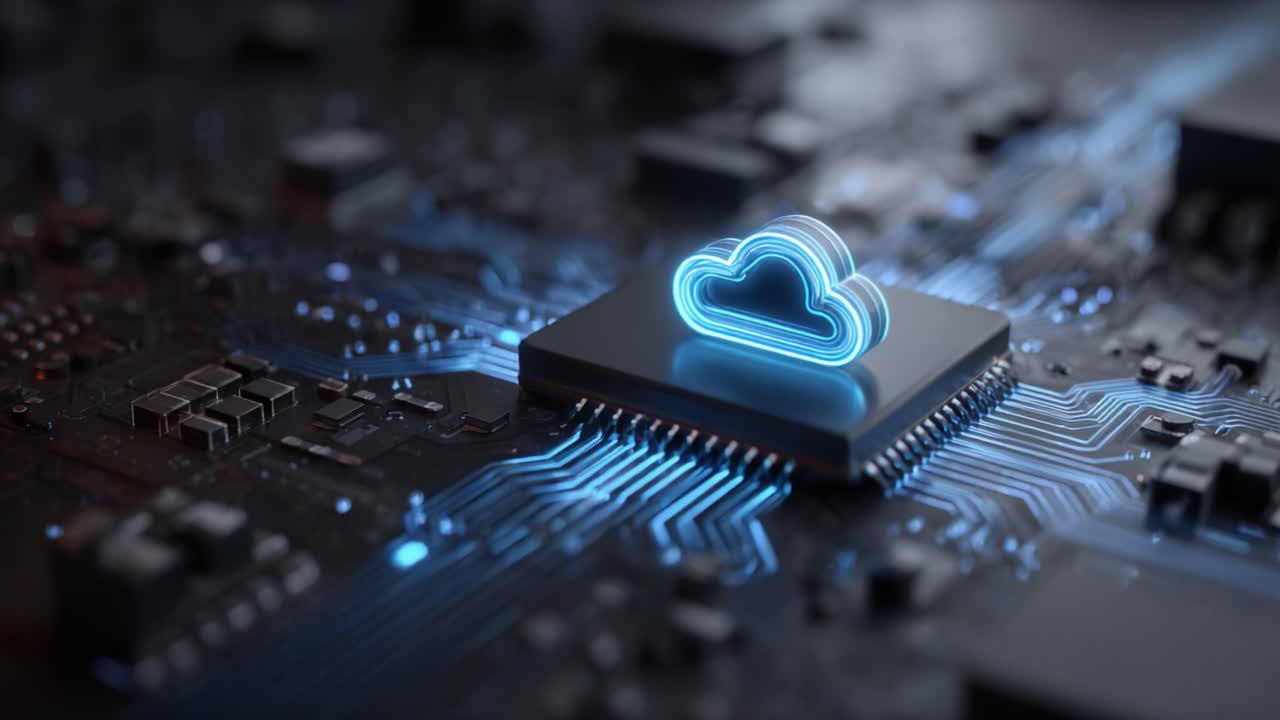 A Close-Up View of a Modern Microchip Featuring a Glowing Cloud Symbol Representing Cloud Computing on a Circuit Board Background