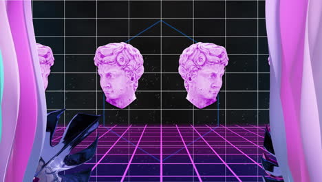 animation of purple shapes moving over heads of sculptures