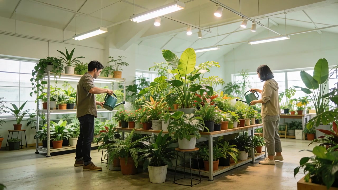 Sosteniendo regaderas verdes, dos empleados con ropa de trabajo regando macetas en un vivero, hidratando plantas