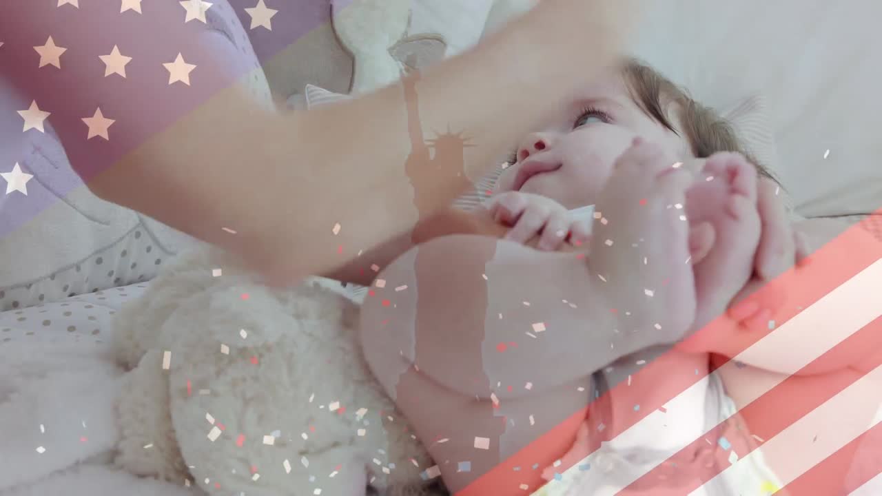 백인 어머니 와 아기 위 에 흔들리는 미국 국기 의 애니메이션