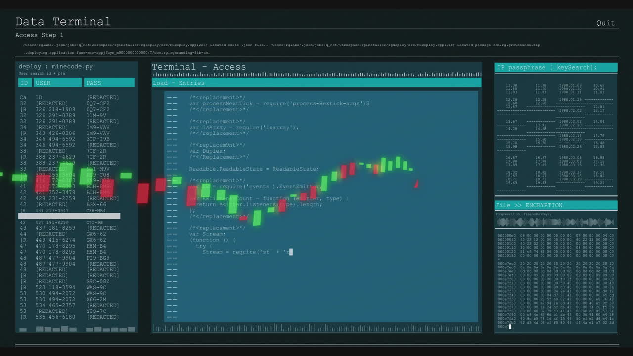 Animation of financial data processing over screens on black background