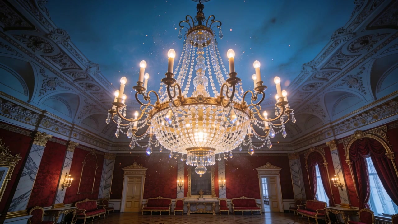 Lampadine incandescenti, un lampadario di cristallo che diffonde luce in un palazzo, con moti di polvere scintillanti per un'atmosfera di opulenza.