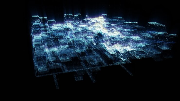 Futuristic holographic simulation of artificial neural networks, artificial intelligence deep learning performing analytic computational head up display background