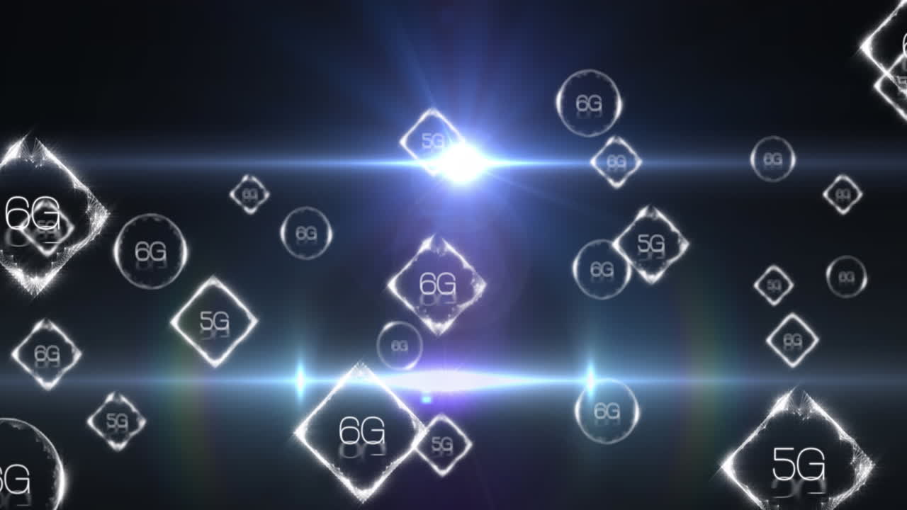 검은 바탕에 6g 텍스트를 가진 연결 네트워크의 애니메이션