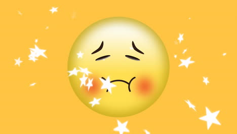 digital animation of multiple star icons falling over sick face emoji on yellow background