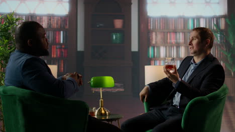 elegant old money gentlemen in a refined upper class library meeting