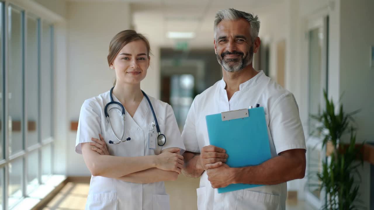 profesionales médicos en el pasillo del hospital