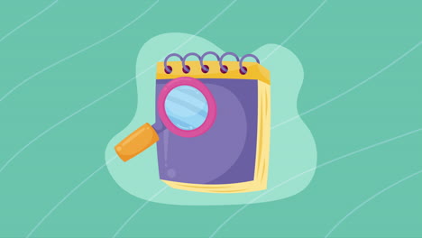 notebook and magnifying glass school supply animation