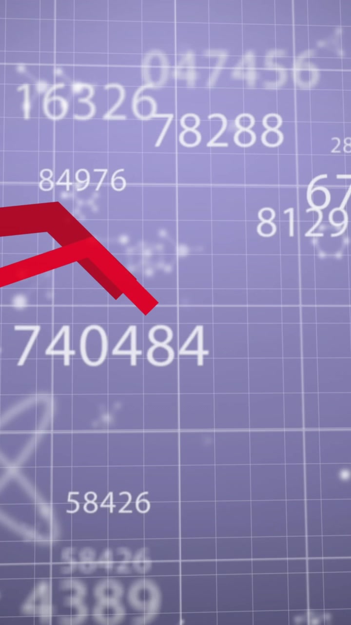 Animazione di elaborazione dati statistici, numeri in cambiamento e strutture molecolari su sfondo viola.