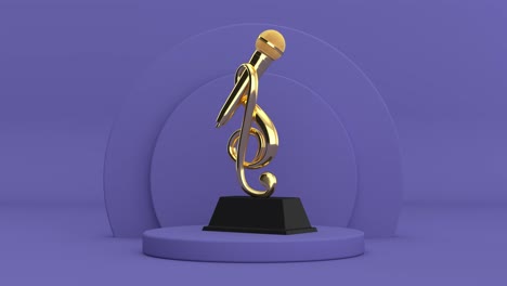 4k resolution video: golden music treble clef with microphone award trophy rotating over violet very peri cylinders products stage pedestal on a violet very peri background loop animation