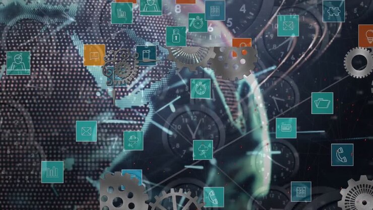 Animation af medieikoner med verdenskort og databehandling over ure
