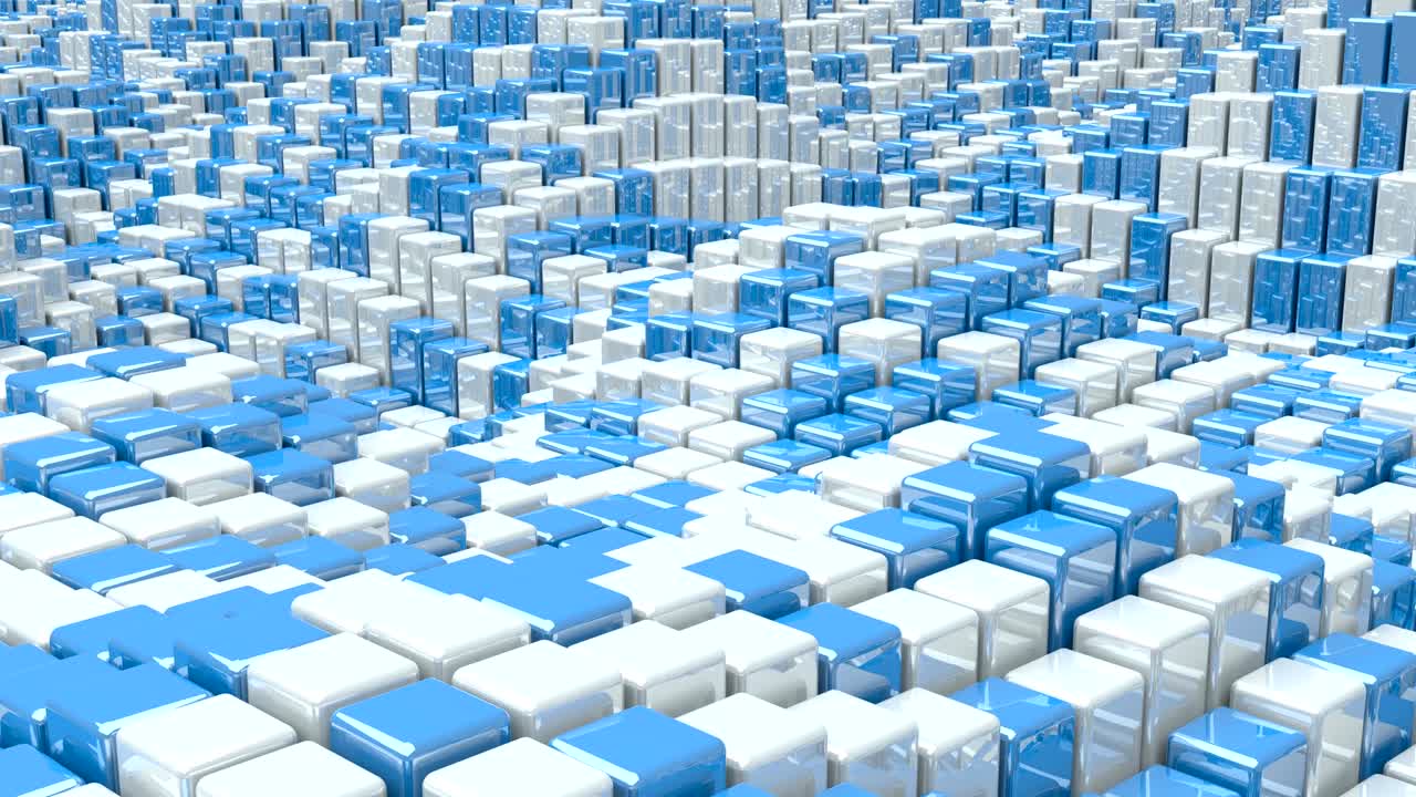 Waving surface with glossy white and blue cubes animation background