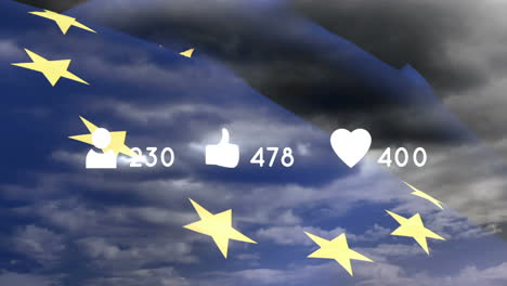 animation of speech bubble with numbers and unlike icon over clouds and flag of european union