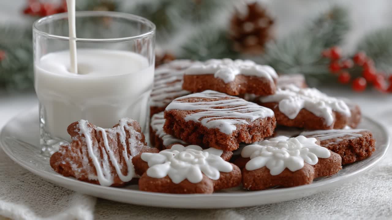 Deliciously Decorated Holiday Cookies with Creamy Milk: A Warm Winter Treat on a Cozy Plate Surrounded by Evergreen Decorations