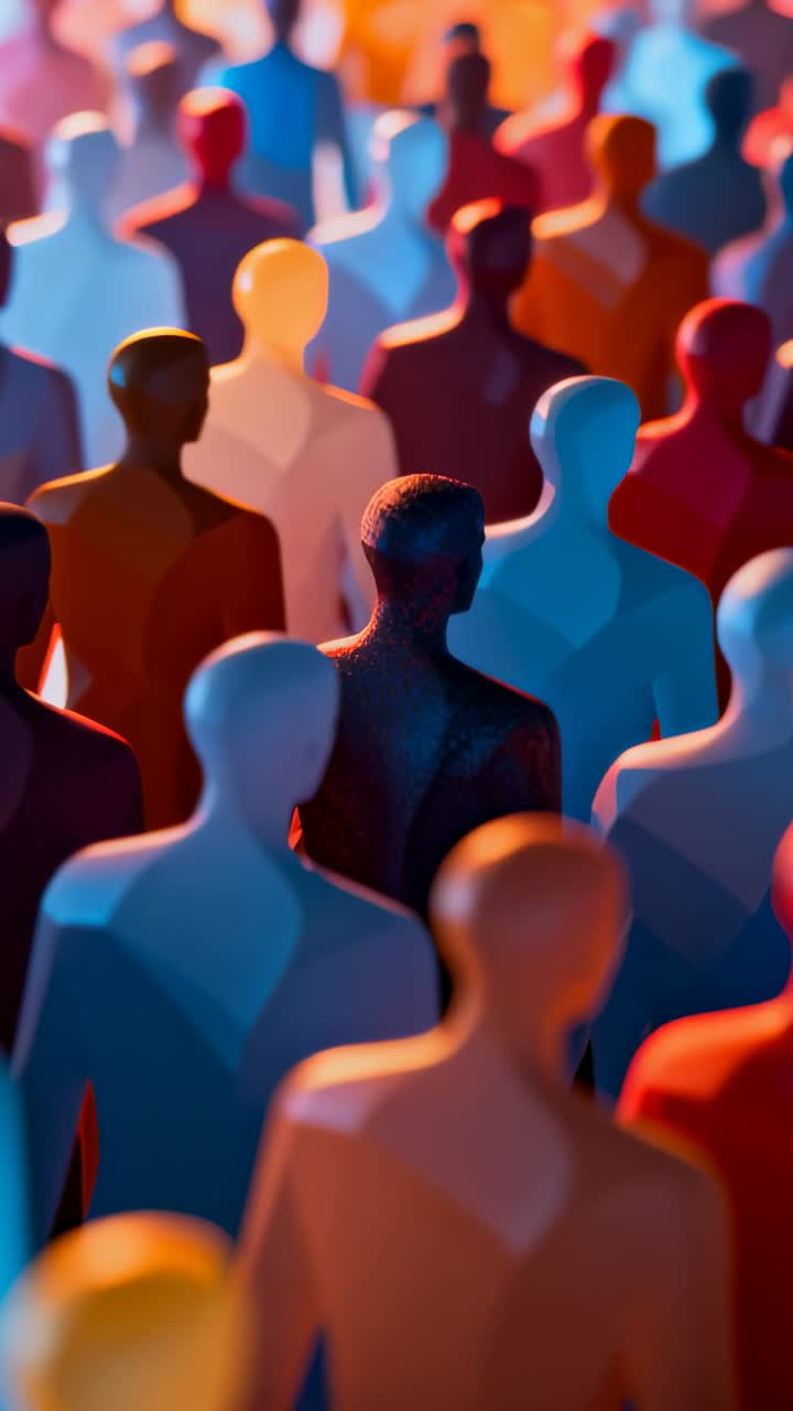 Vertical video: Pulling back camera showing dark figurine joining studio crowd, orange blue lights