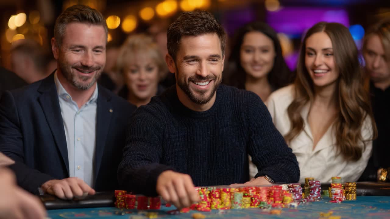 Exciting Moments at the Casino Table: A Joyous Gathering of Friends as They Experience the Thrill of Gambling, Friendship, and Celebration Together in a Lively Atmosphere