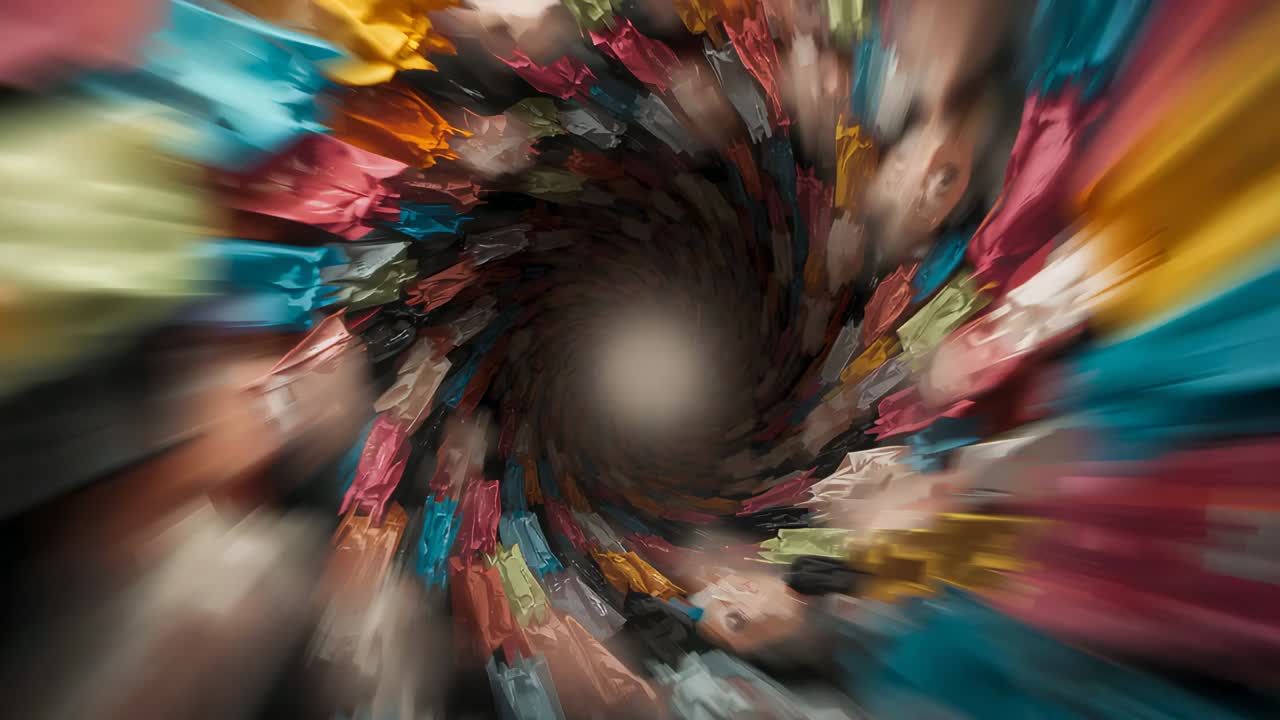 Rotating spiral of blurred crowd forming tunneled void in studio, showing bright clothing streaks