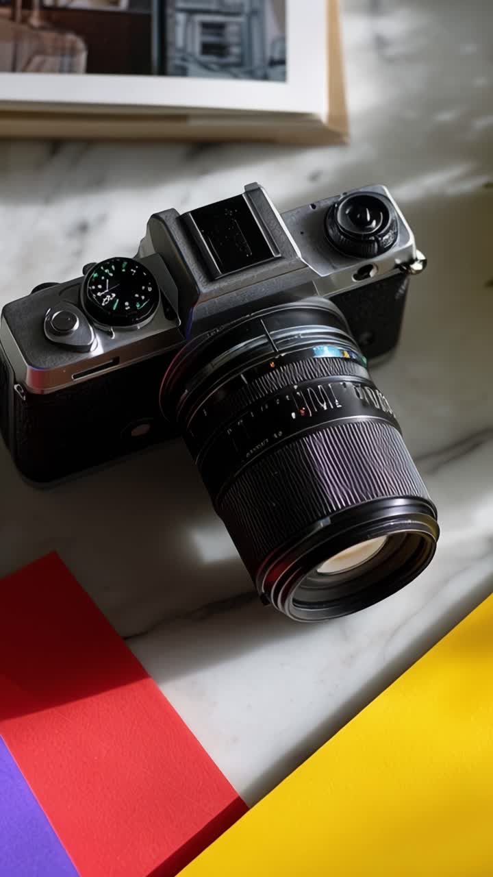 Macchina fotografica vintage con obiettivo posizionata su superfici colorate, che riflette un'estetica fotografica artistica in un ambiente accogliente.